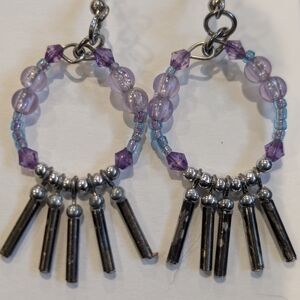 Purple Beaded Hoop Earrings with Gunmetal Fringe